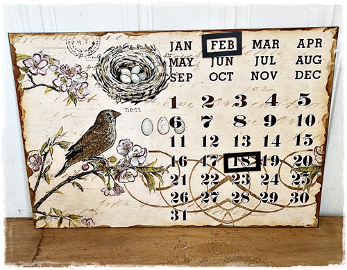 Prachtige brocant metalen kalender met vogelgezang (lente)38 x 25